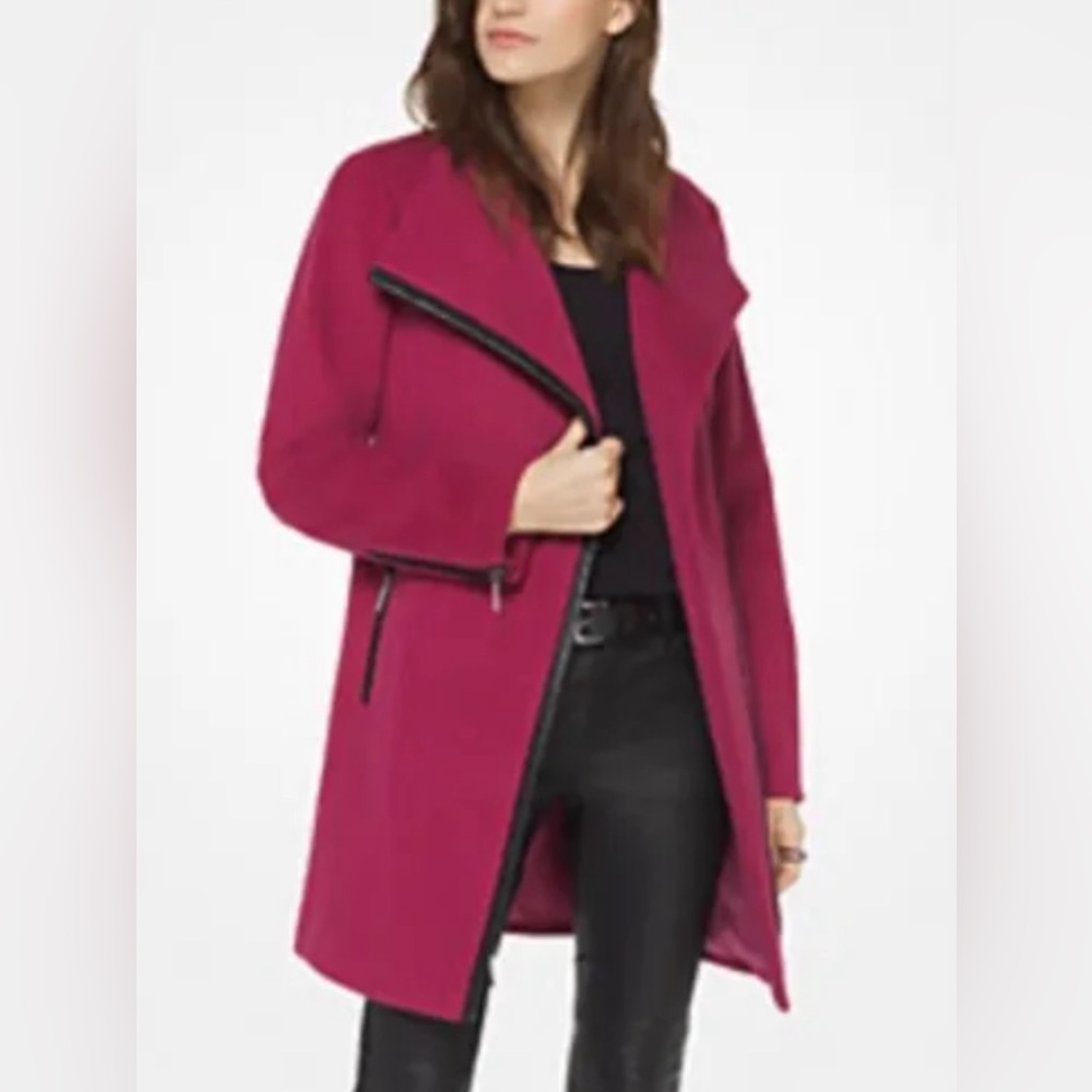 Michael Kors Wool Blend Asymmetrical Belted Coat Faux Leather Trim.  Retail $350